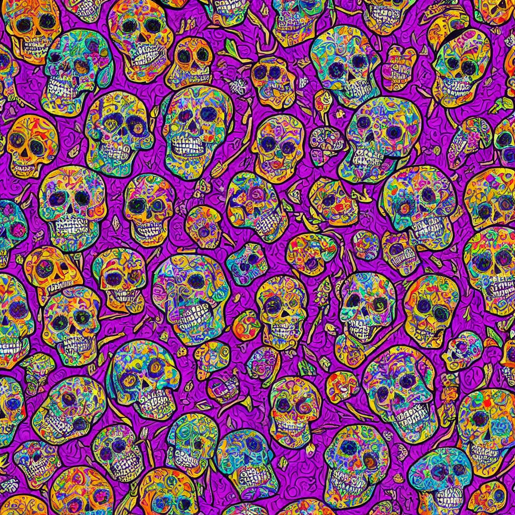 Prompt: Dia de Los Muertos sugar skull in the style of Alex Grey