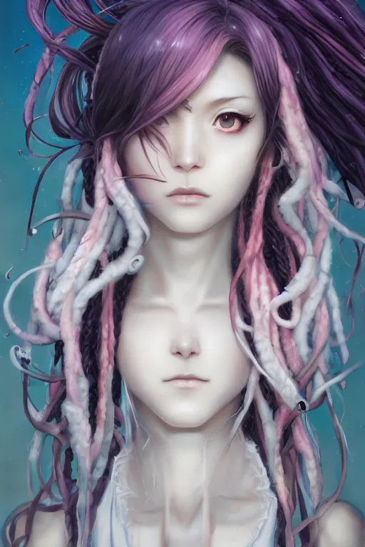 Prompt: portrait of an anime manga girl with white snake dreads, straight on portrait, by artgerm, james jean, tom bagshaw, gerald brom, vaporwave colors, lofi colors, vaporwave, lofi, goth vibe, 4 k, smooth, hd, substance designer render, full body character concept art, symmetrical,