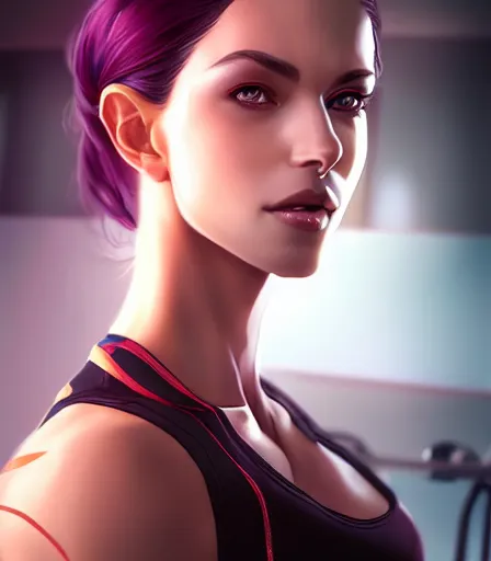 Prompt: beautiful portrait of a gorgeous personal trainer who looks like Selene from Returnal , character design by charlie bowater, ross tran, artgerm, and makoto shinkai, detailed, soft lighting, rendered in octane