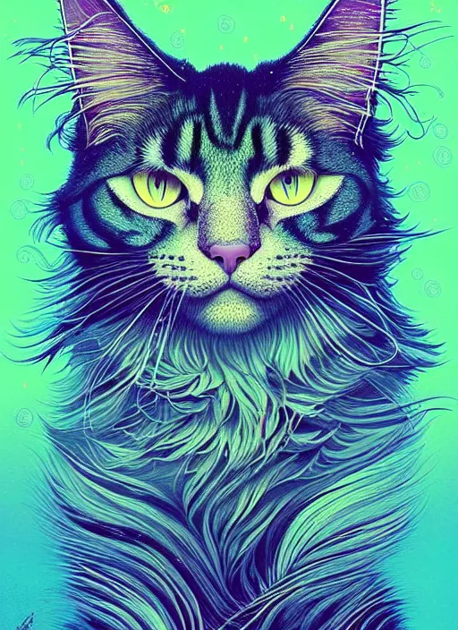 Prompt: prompt! dream symmetry!! stunning portrait of beautiful a maine coon cat!! by victo ngai, kilian eng vibrant colours, dynamic lighting, digital art, winning award masterpiece, fantastically beautiful, illustration, aesthetically inspired by beksinski and dan mumford, trending on artstation, art by greg rutkowski, 8 k