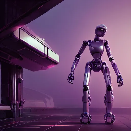 Prompt: hyperrealistic robot, futuristic, sci - fi, greg rutkowski, 3 d render, octane render, unreal engine, purple colors, dramatic lighting, epic composition