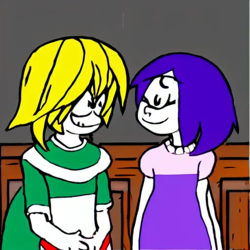 Prompt: kris from deltarune and lucy loud comparing hairstyles, bemused by each other, anime style