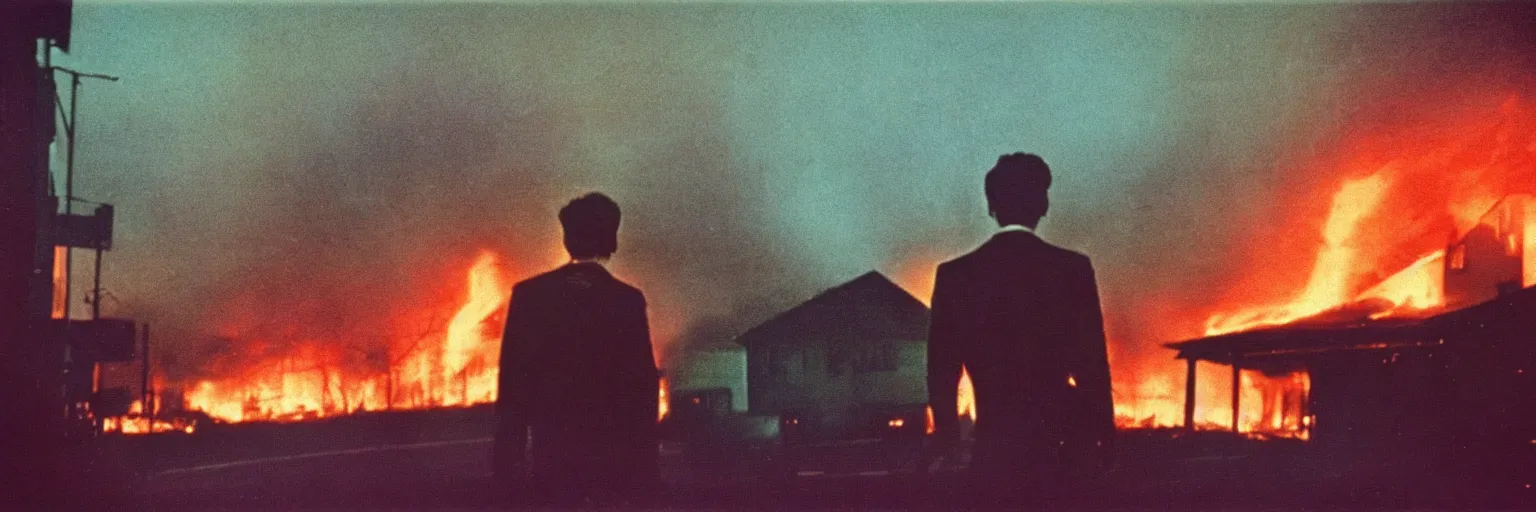 Prompt: 8 0 s polaroid photo, cinema still from david lynch movie, sleazy man watching night streets while a house burns in the background of suburbs, colorful haze, americana, high production value, 8 k resolution, hyperrealistic, hdr, photorealistic, high definition, high details, tehnicolor, award - winning photography, masterpiece, amazing colors