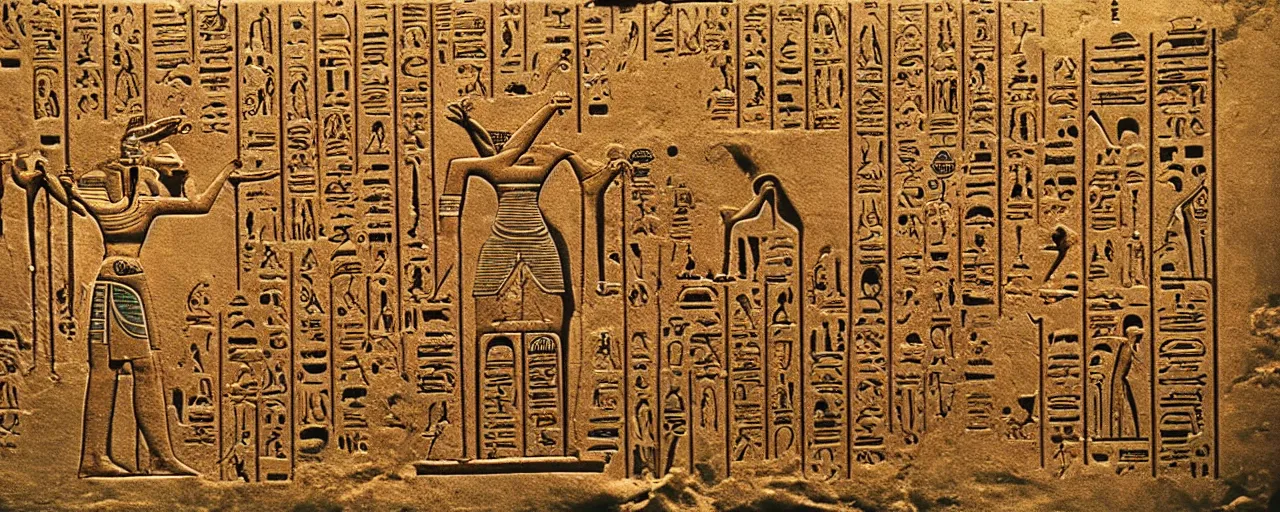 Prompt: ancient egyptian hieroglyphics about spaghetti, hyper - realistic, small details, intricate, canon 5 0 mm, wes anderson film, kodachrome