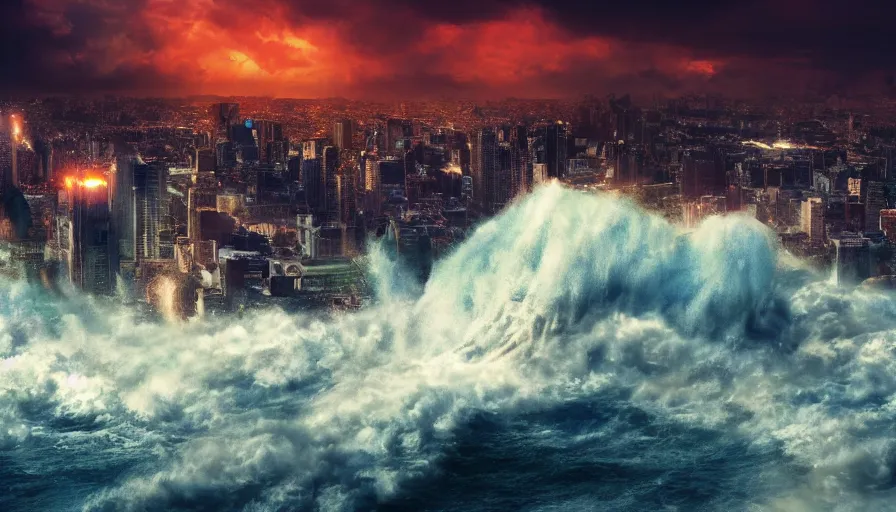 Prompt: full color giant tsunami hitting a very big city, cinematographic, 4 k