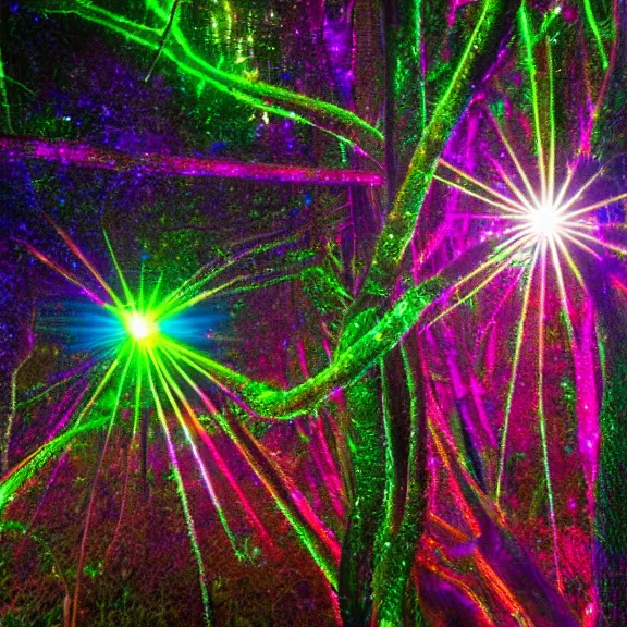 Prompt: crystal forest, fiber optic lights, neon glare, nacreous flare