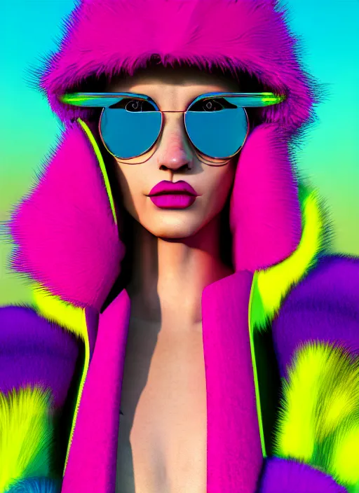 Prompt: stylish coat for a rave, bright colors, many details, prints, photo for a magazine, photo for a store, fashion photography, Vogue, 135 mm, cinematic, hyper realism, high detail, octane render, 8k, chrome accents, very coherent symmetrical artwork, perfect face model, full length photo, Upper and lower body, light skin tone, closed mouth