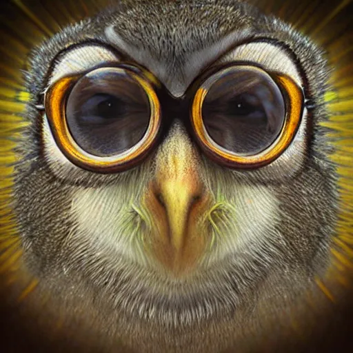 Image similar to “four eyes monkeyowl, realistic, hiperrealist, photorealist, intricate, sharp focus, cinematic lights, Artstation HQ, Deviantart trending, 4K UHD, masterpiece”