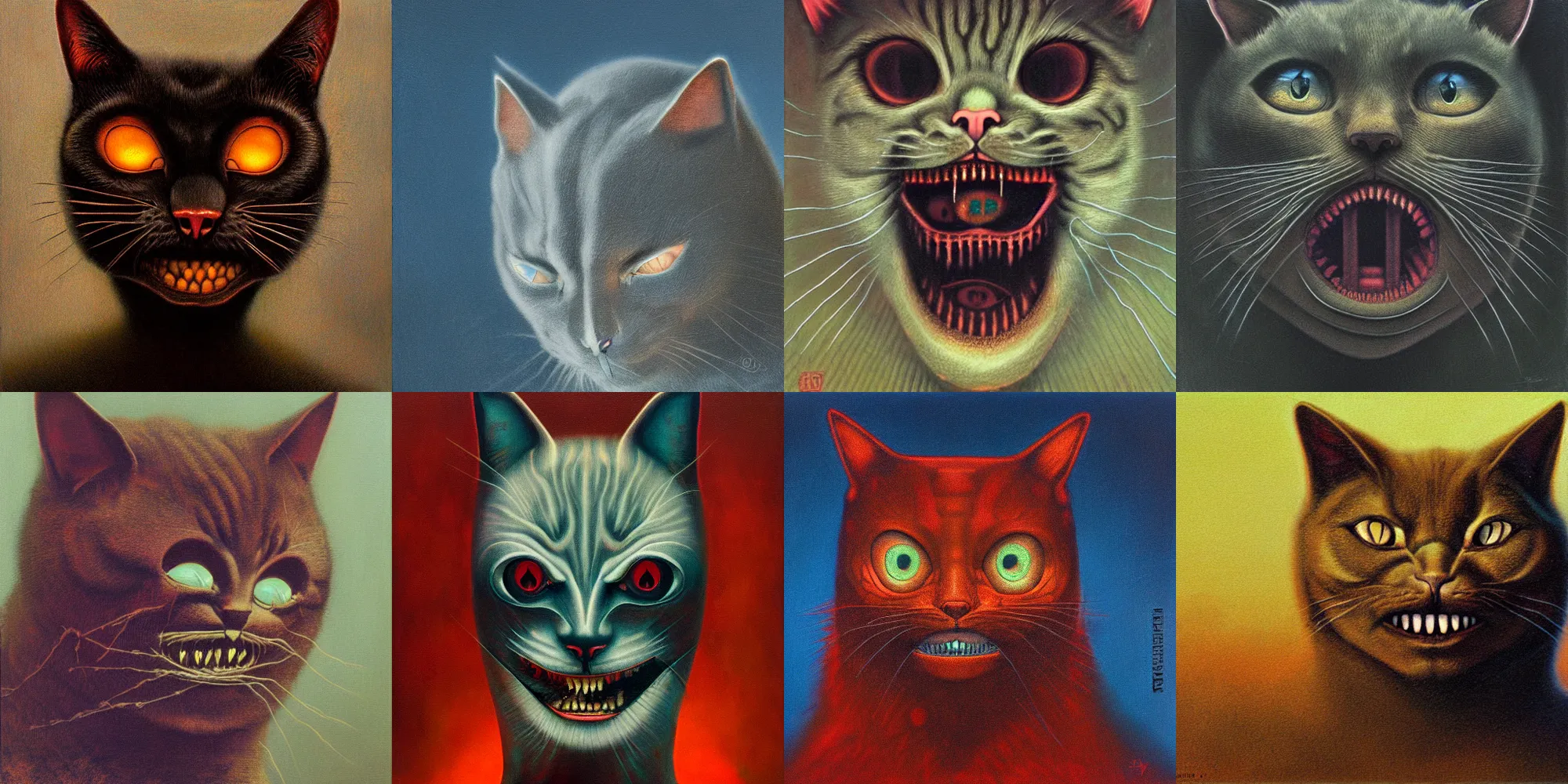 Prompt: grinning evil cat, HD, in style of beksinski, film grain, medium format, 8k resolution, oil on canvas