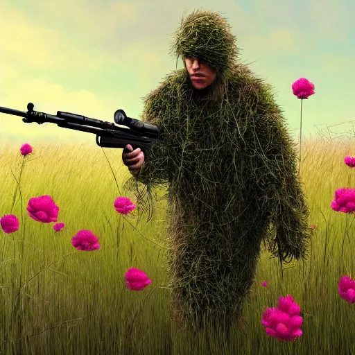 a sniper in ghillie suit with pink flowers, walking in Stable