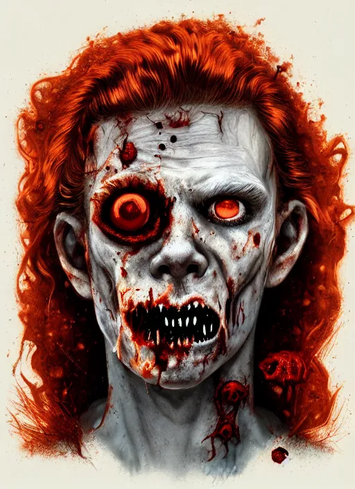 Image similar to portrait of zombie teenage archie andrews, red hair, curly hair, curly middle part, freckles, photorealistic, zombie, rotting skin, blind eyes, white eyes, zombie, intricate, elegant, orange, glowing lights, highly detailed, digital painting, artstation, concept art, sharp focus, illustration, art by wlop, mars ravelo and greg rutkowski