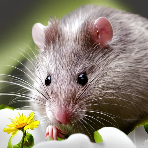 Image similar to photo realistic white rat holding a flower