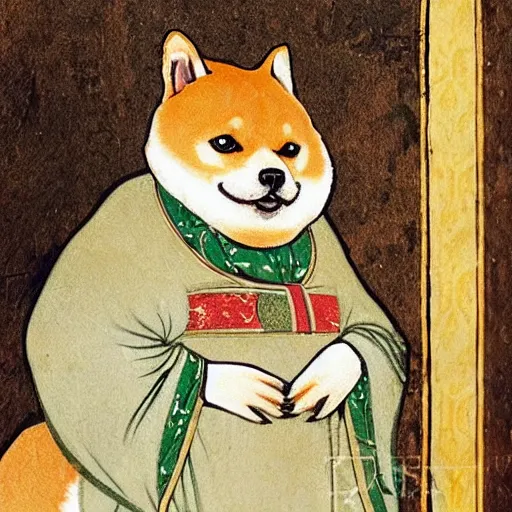 Image similar to fat shiba inu dog prince in ornate robes with a cheeky expression, medieval painting