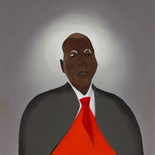 Image similar to a painting of a loving, caring fatherly wide forehead, aquiline nose, round face, XXL , generous, ever-present, humble, wise elder from Kenya in a silver suit and red tie, by Kara Walker . Fatherly/daddy, focused, loving, leader, relaxed. Gold background, heavenly lights, details, smooth, sharp focus, illustration, realistic, cinematic, artstation, award winning, rgb , unreal engine, octane render, cinematic light, macro, depth of field, blur, light and clouds, highly detailed epic cinematic concept art CG render made in Maya, Blender and Photoshop, octane render, excellent composition, dynamic dramatic cinematic lighting, aesthetic, very inspirational, arthouse.