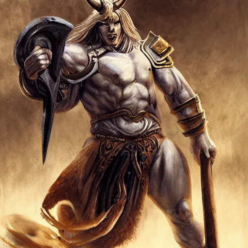 Image similar to Giant minotaur humanoid beast warrior with two handed axe, heavy white and golden armor, impressive horns, long mane, full body, muscular, dungeons and dragons, hyperrealism, high details, digital painting, dark fantasy