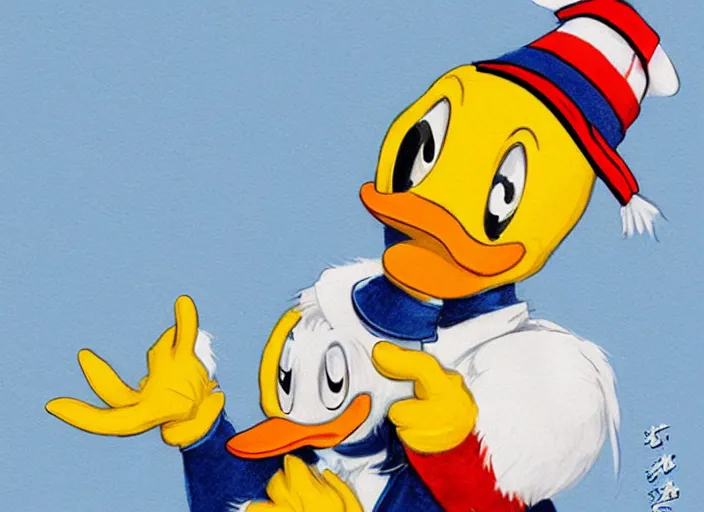 Prompt: detailed concept art of a cute iconic anthropomorphic duck character wearing a sailor suit by wlop on bcy. net, realistic. feathers, art by cheng yi. donald duck