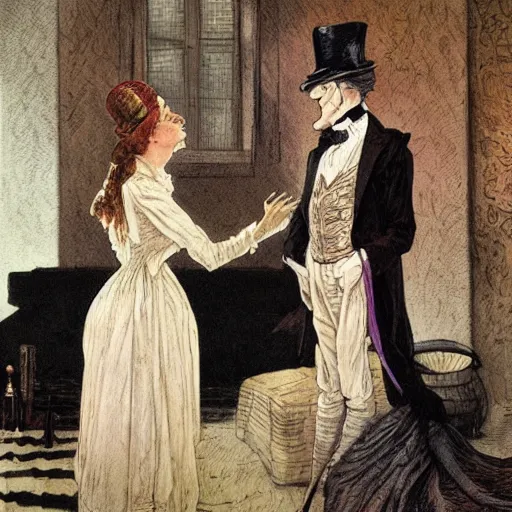 Image similar to a mummy in victorian clothes and a top hat has an intimate conversation with a woman in victorian clothes, graphic novel style by alan lee and john howe