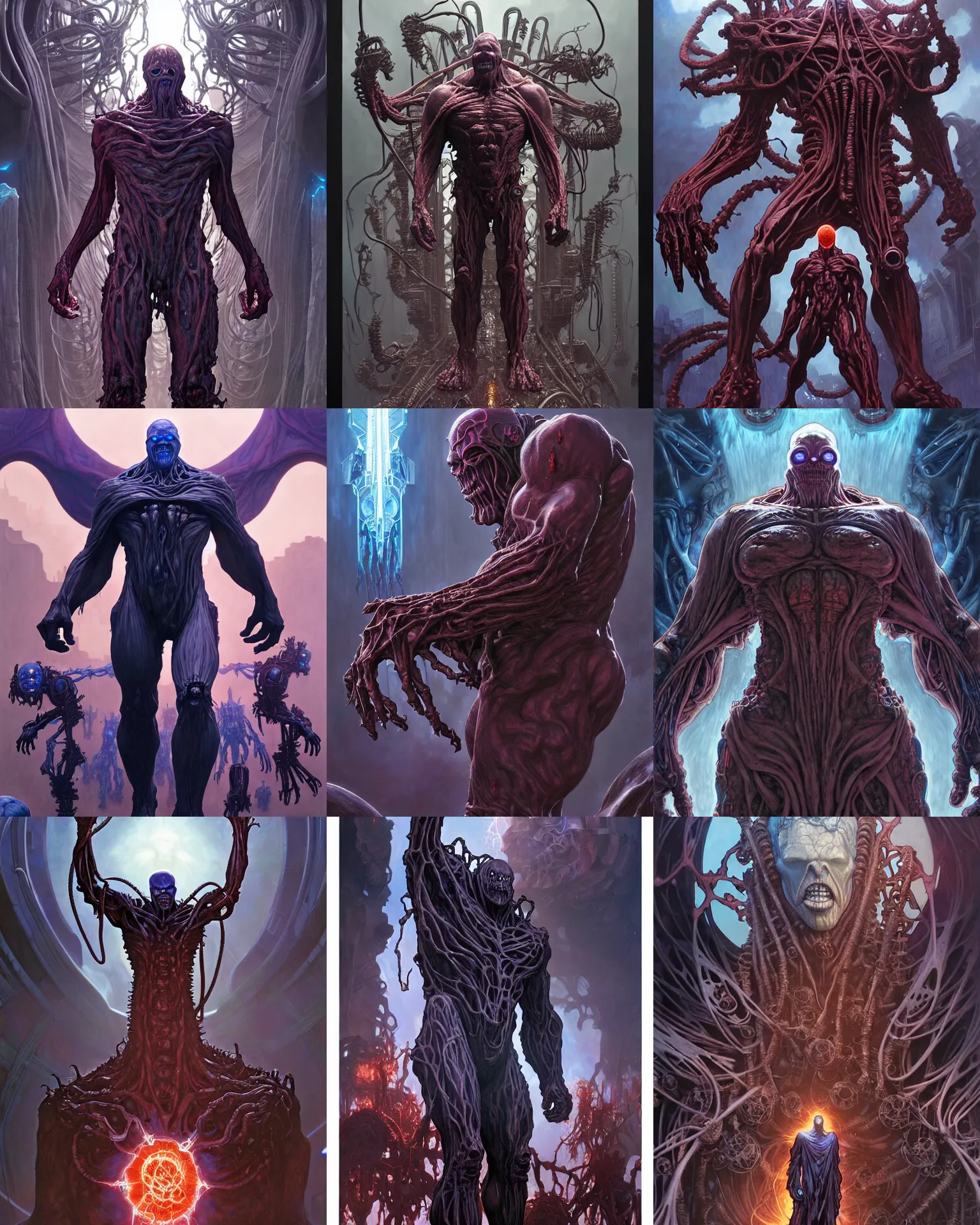 Prompt: the platonic ideal of giant mech of cletus kasady ultimate carnage thanos dementor doctor manhattan chtulu nazgul, detailed, intricate, hyperrealism, intense, scary, decay, dmt, art by brock hofer and artgerm and greg rutkowski and alphonse mucha