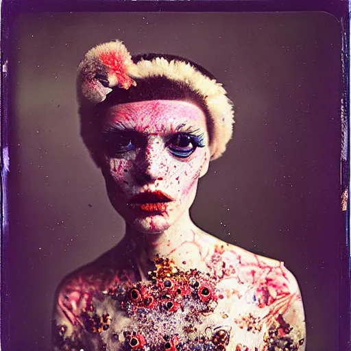 Prompt: kodak portra 4 0 0, wetplate, photo of a surreal artsy dream scene,, weird fashion, in the nature, ultra - realistic face, portrait, expressive eyes, extravagant dress, carneval, animal, wtf, photographed by paolo roversi style and julia hetta