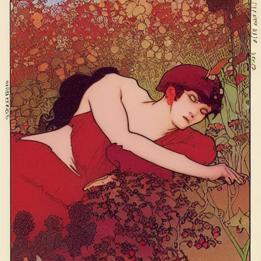 Prompt: A girl lying on a bush, hopeful ,rose .red and orange theme by mucha and murata range