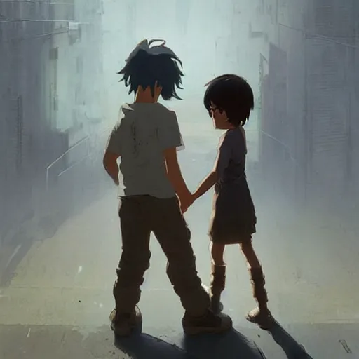 Image similar to a little boy holding hands with an enormous robot. detailed. by greg rutkowski. makoto shinkai. krzysztof maziarz.