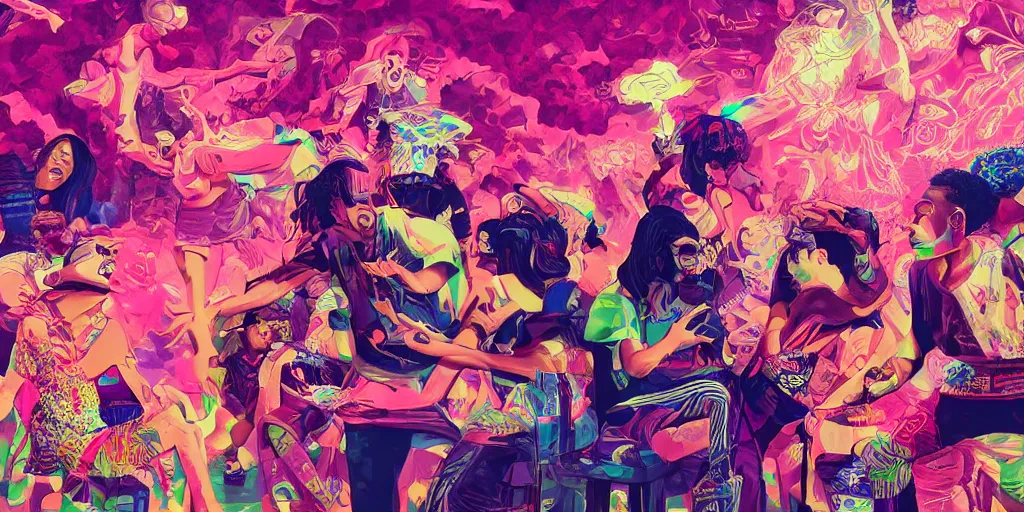 Prompt: family rapping together in living room, epic pose, digital art, vaporwave, psychedelic, surreal, hip hop, trending on Artstation, professional artist, detailed, 4k