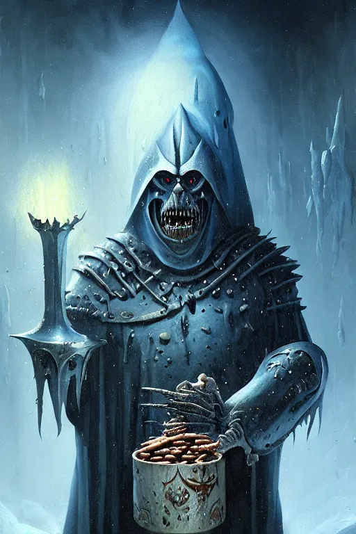 Image similar to hieronymus bosch, greg rutkowski, anna podedworna, painting of arthas menethil the lich king eating baked beans