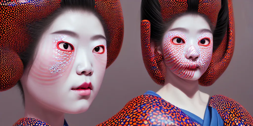 Image similar to hyperrealistic detailed image of a geisha in a art installation room, hd smooth interior by yayoi kusama, part by kei mieno, part by ross tran, dark art by james jean, ultra realistic, highly detailed, life like face, detailed body, 8 k, 3 d render by roger magrini, masterpiece