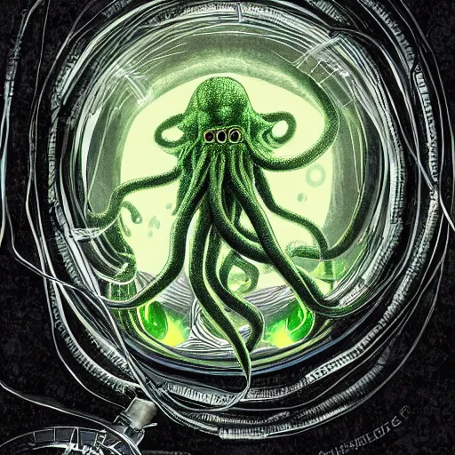 Image similar to scientists watching a clone of cthulhu in culture capsule, bio chemical illustration, hyperealistic, detailed photography, divinity, awful, religious art, sci - fi, green light