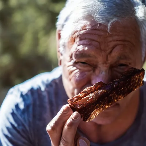 Prompt: a big human fighter eating beef jerky who either looks really good for a 70 year old man or really bad for a 50 year old man