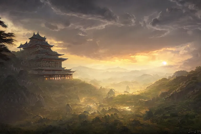 Image similar to cinematic lighting fantasy painting, an ancient land, sunset and ominous shadows over the kingdom, valleys and farmland and villages, brutalist cement shiro himeji rivendell palace, garden of eden by jessica rossier