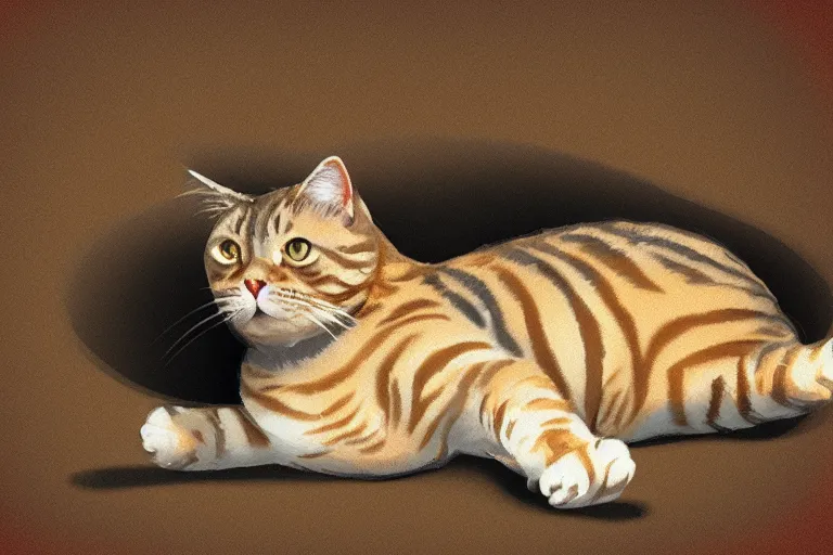 Image similar to A fat tabby cat laying on his back longways, back feet in foreground, head blurred in background, digital art