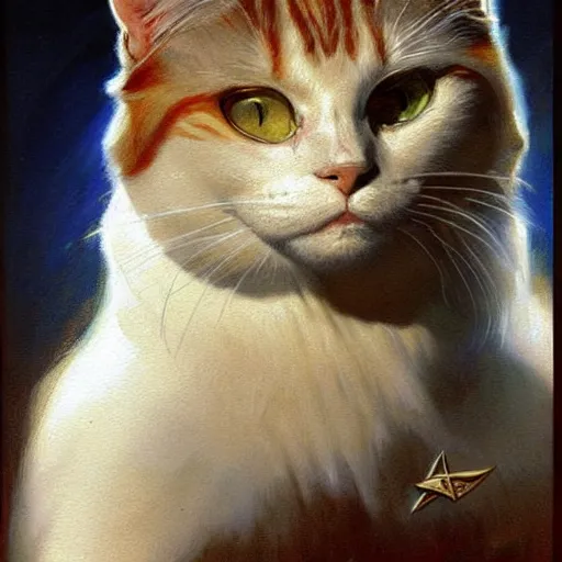 Image similar to a portrait of a manly dr crusher white cat feline, blue eyes, star trek the next generation. highly detailed painting by gaston bussiere, craig mullins, j. c. leyendecker, furry