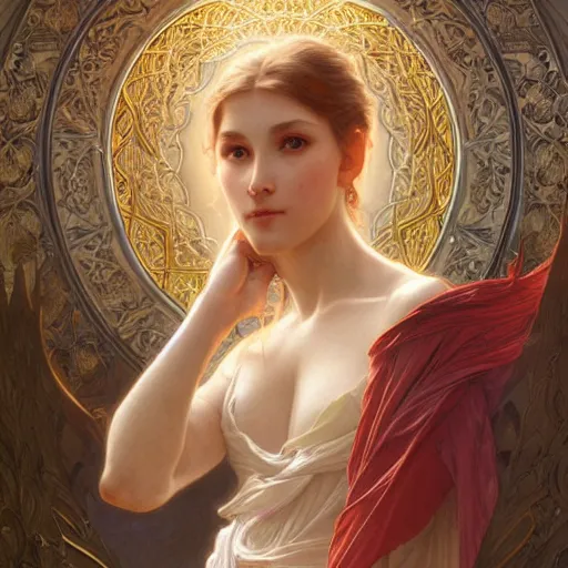 Prompt: portrait of etheral goddess, intricate, elegant, highly detailed, digital painting, artstation, concept art, smooth, sharp focus, illustration, art by artgerm and greg rutkowski and alphonse mucha and william - adolphe bouguereau and stephanie law