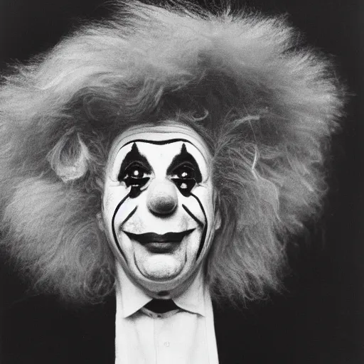 Image similar to portrait of a clown by Diane Arbus, 50mm, black and white