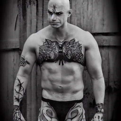 Image similar to muscular bald man, sword in hands, tattooed body, HD, anime,