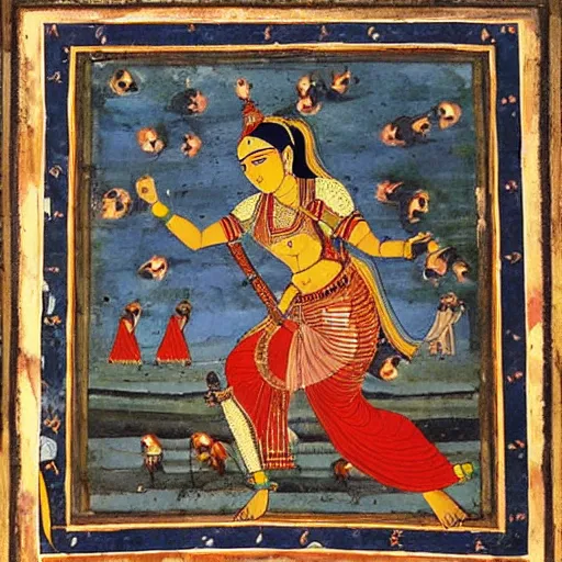 Prompt: woman warrior ascends to godhood. warriors watch in astonishment, holy mughal art painting by govardhan