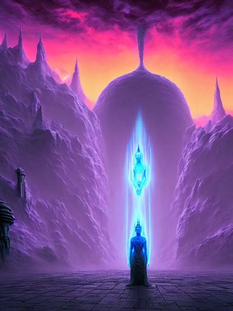 Image similar to entrance to ethereal realm, shiva waiting, rendered in unreal engine, central composition, symmetrical composition, dreamy colorful cyberpunk colors, 6 point perspective, fantasy landscape with anthropomorphic!!! terrain!!! in the styles of igor morski, jim warren, and rob gonsalves, intricate, hyperrealistic, volumetric lighting, neon ambiance, distinct horizon