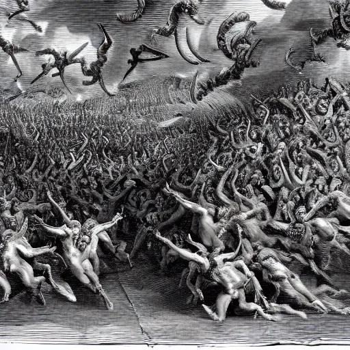 Image similar to A wide shot of a swarm of demons flying up from the depths of Hell in the style of Gustave Dore