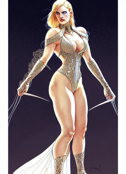 Image similar to symmetry!! intense fanart of back pose of emma frost as acotar protagonist, traditional queen dress, intricate, hyper detailed background, elegant, highly detailed, my rendition, digital painting, artstation, concept art, smooth, sharp focus, illustration, art by artgerm, greg rutkowski and alphonse mucha, by hajime sorayama and boris vallejo