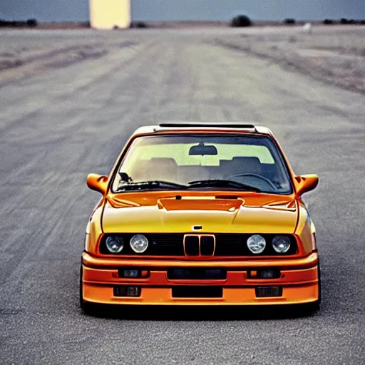 Image similar to orange bmw e 3 0 m 3, floating in outer space