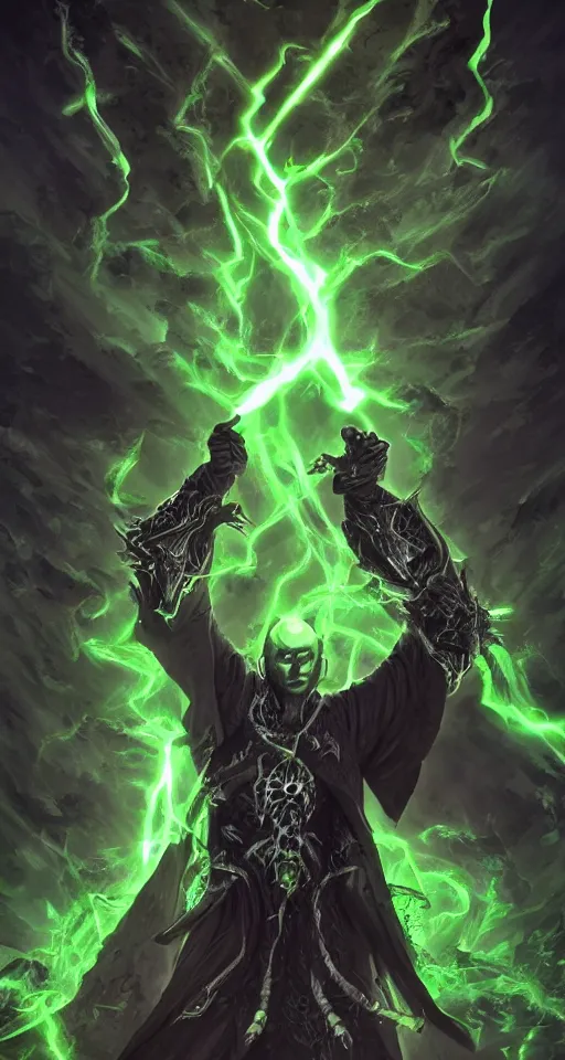 Prompt: illustration of dark priest holding green lightning, black halo, evil, power, green mist, scary, photorealistic, unreal engine, hellish background , Mtg , Dnd ,