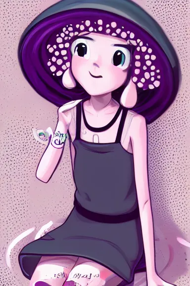 Prompt: a little girl wearing a mushroom hat in dress sitting | | purple hair, pretty face, fine details, digial art by lois van baarle, anatomically correct, perfect composition, symmetrical, fantastic, clean details, anime character