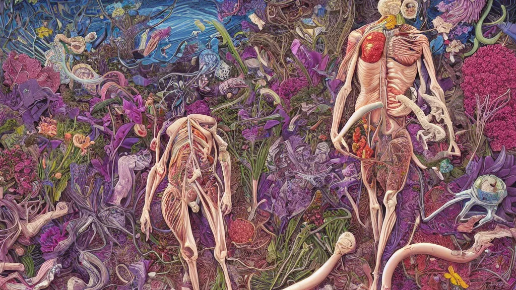 Prompt: highly detailed illustration of a human anatomy body exploded by all the known species of flowers by juan gatti, by moebius!!,, by oliver vernon, by joseph moncada, by damon soule, by manabu ikeda, by kyle hotz, by dan mumford, by kilian eng