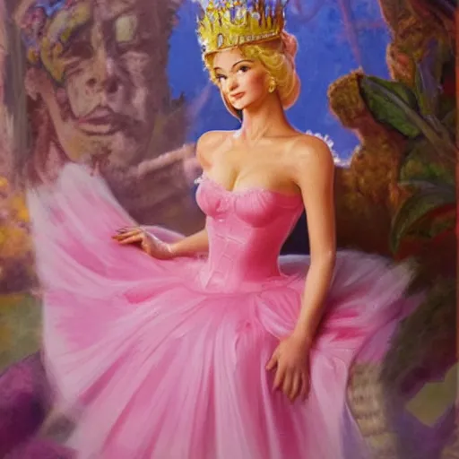 Image similar to An ultra realistic portrait painting of Princess Peach wearing his pink dress and golden tiara in the style of Frank Frazetta, 4k, Ultrarealistic, Highly Detailed, Dark Fantasy, Epic Lighting