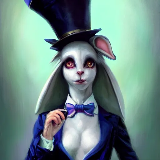 Prompt: oil painting of an anthropomorphic rabbit dressed like a female magician with long ears, holding a top hat and a magic wand, urban fantasy art by seb mckinnon, artstation npc character design, top - rated