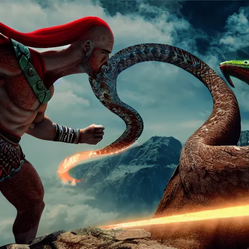 Image similar to kratos fighting quetzalcoatl, 4 k cinematic render