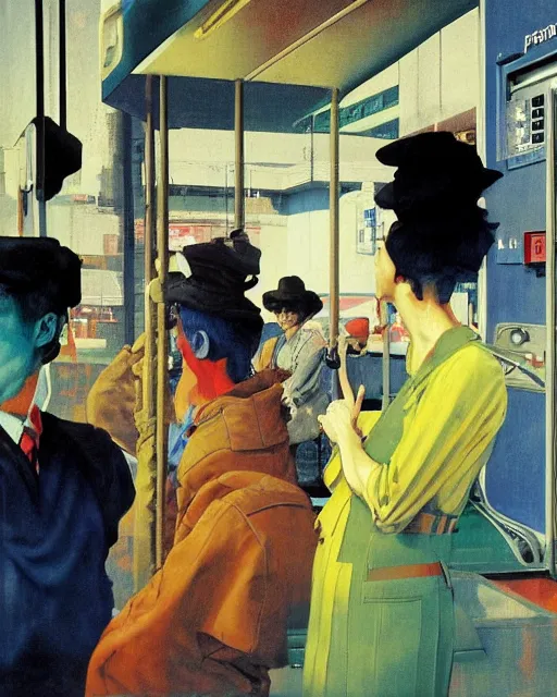 Image similar to square people conversing at a gas station with large oxygen tank in the style of Francis Bacon and Syd Mead and Norman Rockwell and Beksinski, open ceiling, highly detailed, painted by Francis Bacon and Edward Hopper, painted by James Gilleard, surrealism, airbrush, very coherent, triadic color scheme, art by Takato Yamamoto and James Jean