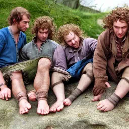 Image similar to a group of hobbits admiring the hairiness of their feet