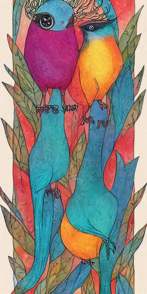 Prompt: greeting card, love, 2 affectionate birds, by kelly mckernan, warm colors, cozy